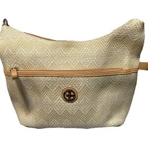 Cream and Tan Crescent Shoulder Bag with Textured Pattern